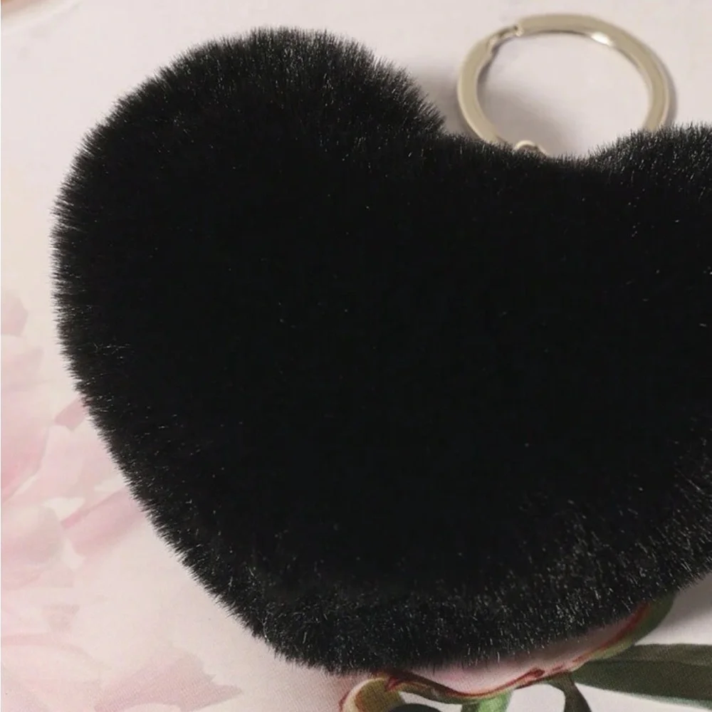 Fluffy Black Heart Keychain Keyring BRAND NEW Stocking Stuffer - Picture 5 of 6